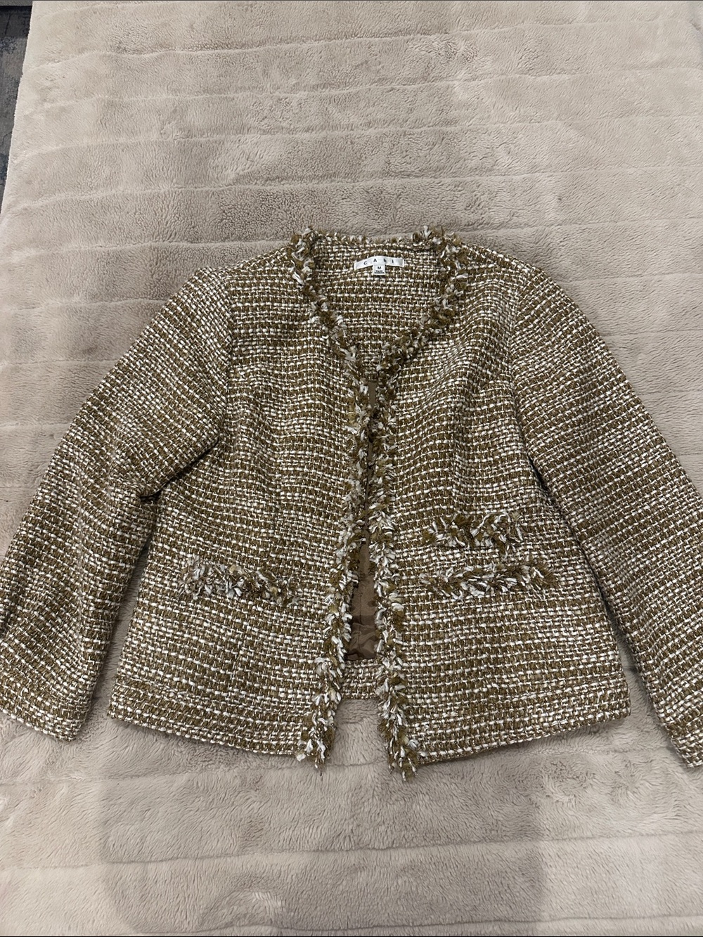 CAbi Beige Tweed Fringed Collarless Jacket